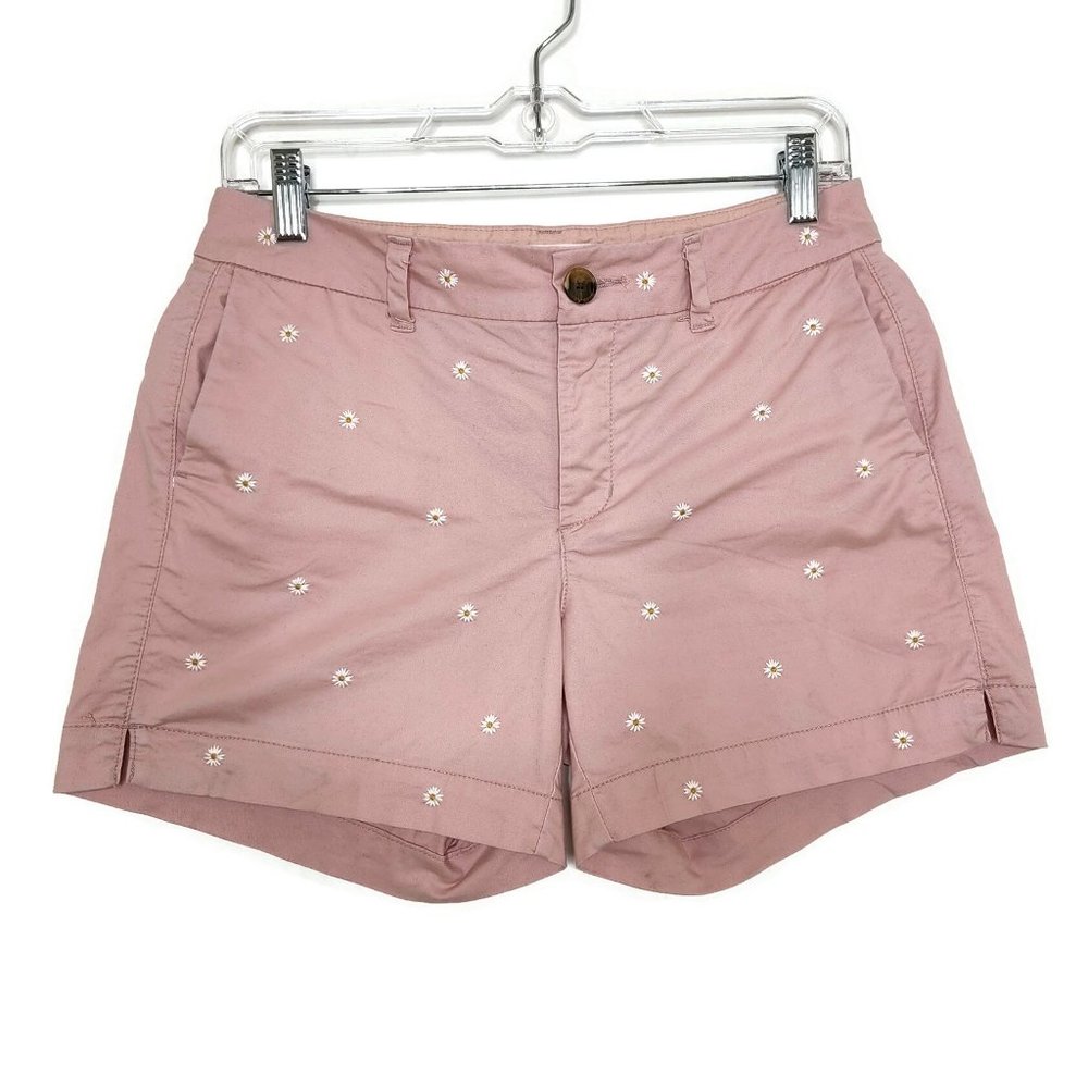 Old Navy Everyday Short 2 Pink Daisy Embroidered Stretch Cotton Flat Front
